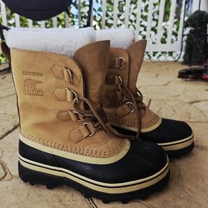 Sorel Caribou Boots Women 8 Tan Buff Waterproof Leather Wool Snow 1005-280 Nubuc